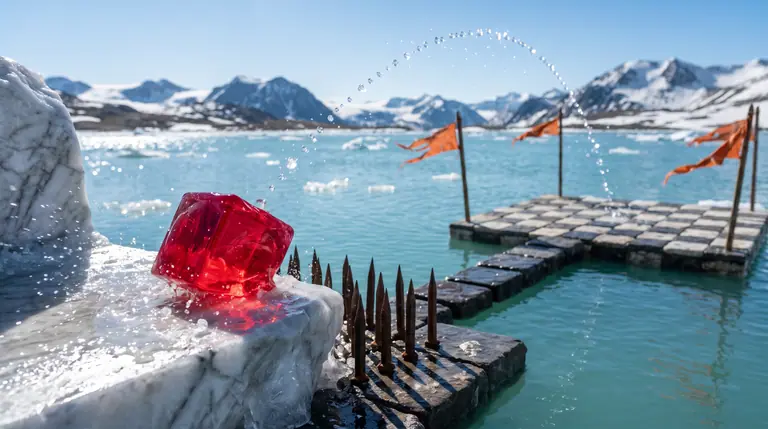 A translucent ruby-red slime cube compresses on an icy ledge to launch in a high arc over iron spikes toward a checkered landing platform across turquoise water.