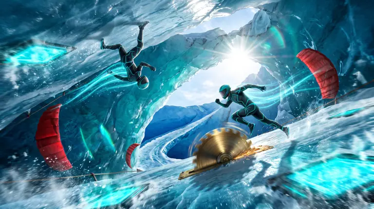 Two runners in aerodynamic suits sprinting on both the floor and ceiling of a translucent blue glacier track while dodging brass saw blades.