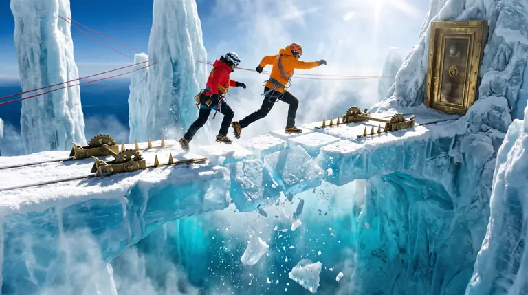 Two climbers in orange and scarlet jackets leaping toward a brass exit door as sections of a glacier ice bridge drop away and brass spikes slide toward them.