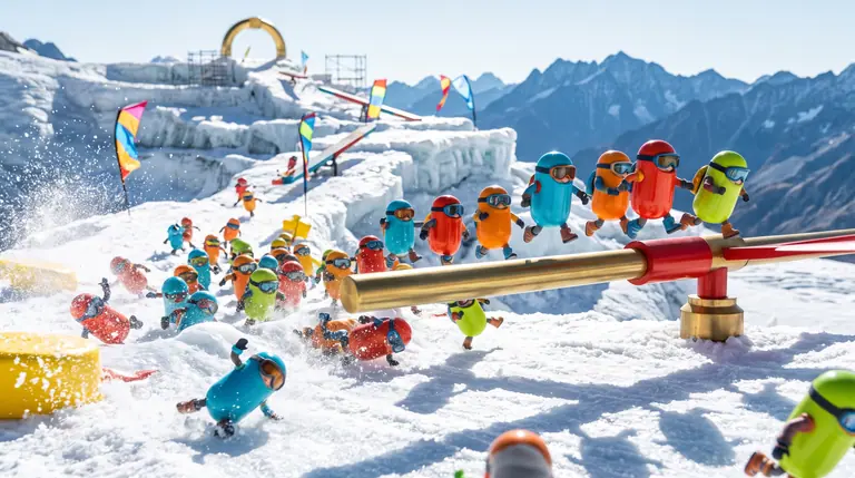 A crowd of bright capsule-shaped runners jump over a sweeping rotor bar and bounce past yellow bumpers up a steep sunlit ice obstacle course.